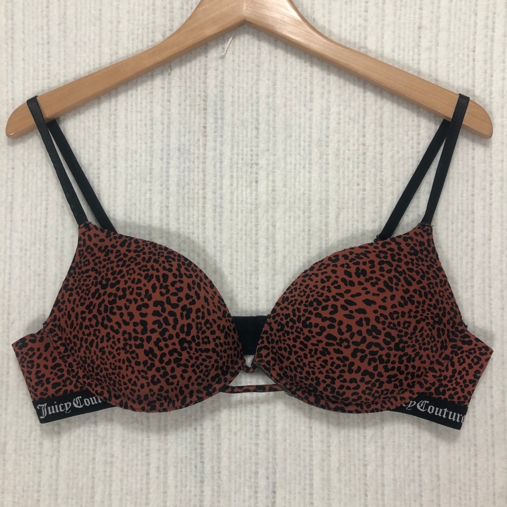 Juicy Couture Leopard Print Push Up Bra Red Brown Black Logo Band 36C